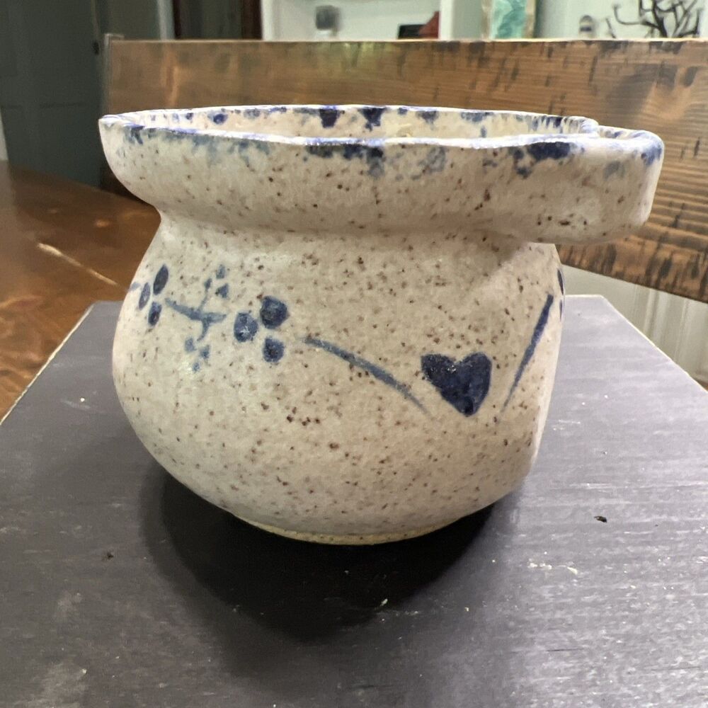 Signed Stoneware Art Pottery Handled Bowl Crock Flowers Hearts